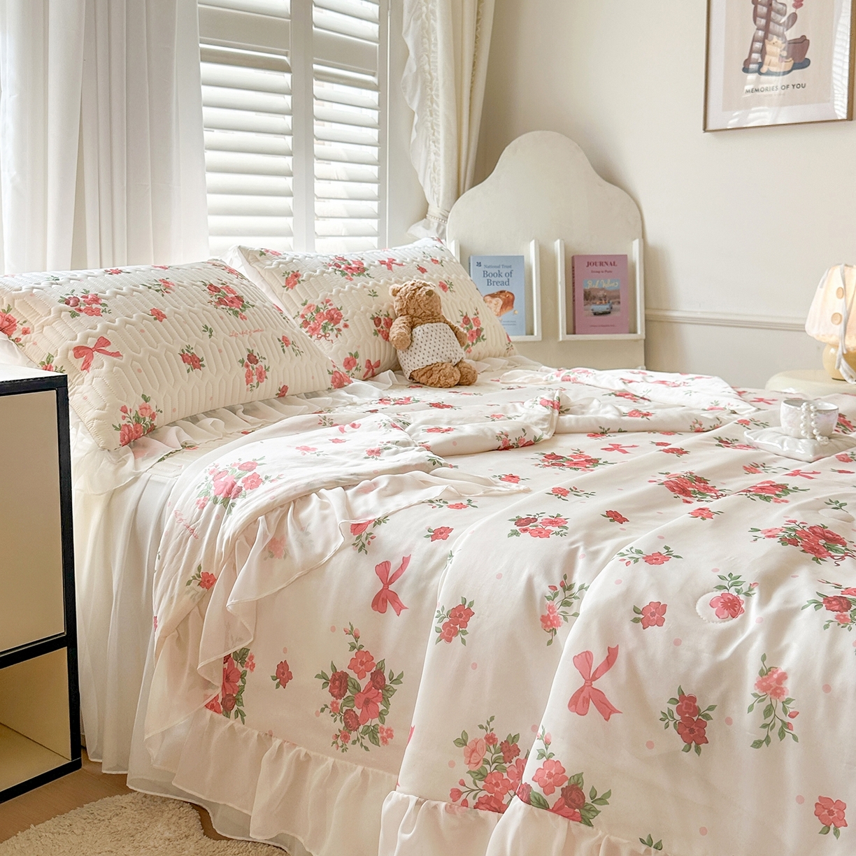 91家纺网 家纺一手货源 找家纺 慕澄2026新款小版印花床裙款乳胶凉席凉感丝夏被四件套 玫瑰结