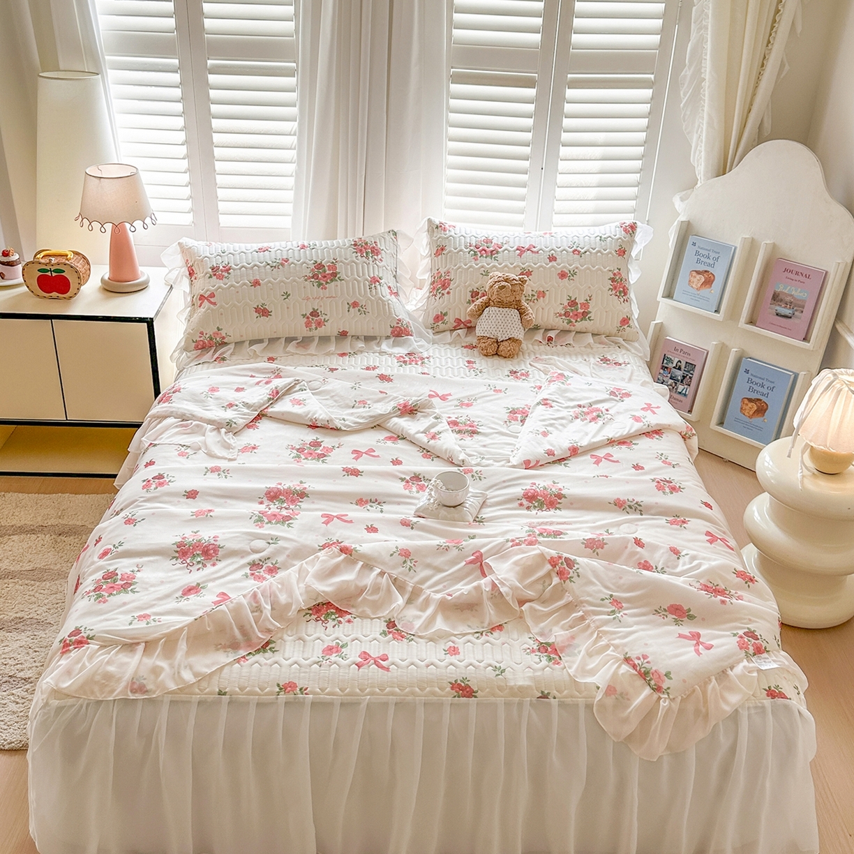 91家纺网 家纺一手货源 找家纺 慕澄2026新款小版印花床裙款乳胶凉席凉感丝夏被四件套 玫瑰结