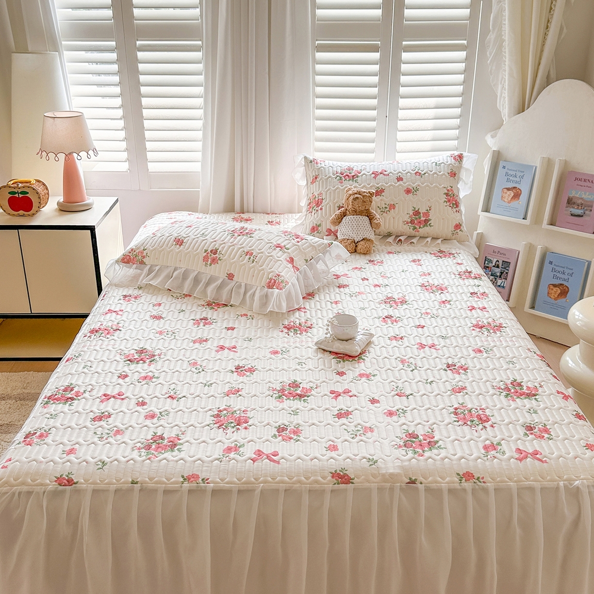 91家纺网 家纺一手货源 找家纺 慕澄2026新款小版印花床裙款乳胶凉席凉感丝夏被四件套 玫瑰结