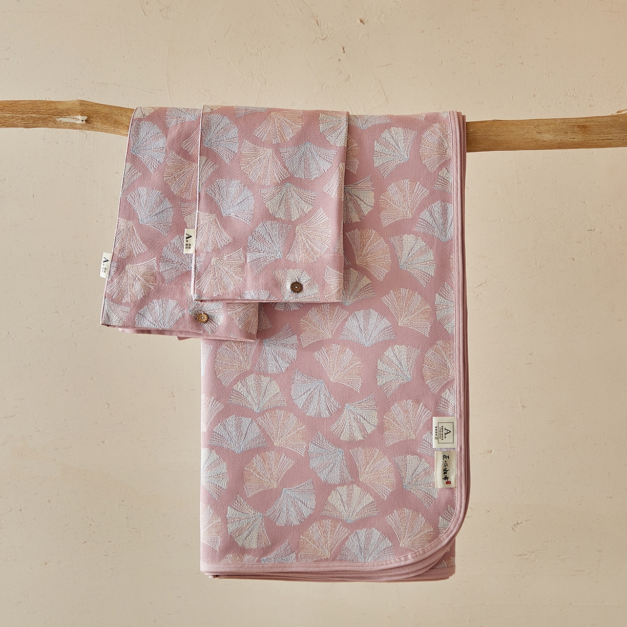 孑寐家纺 2026新款100%纯棉色织双面大提花老粗布凉席三件套 银杏叶影-粉色