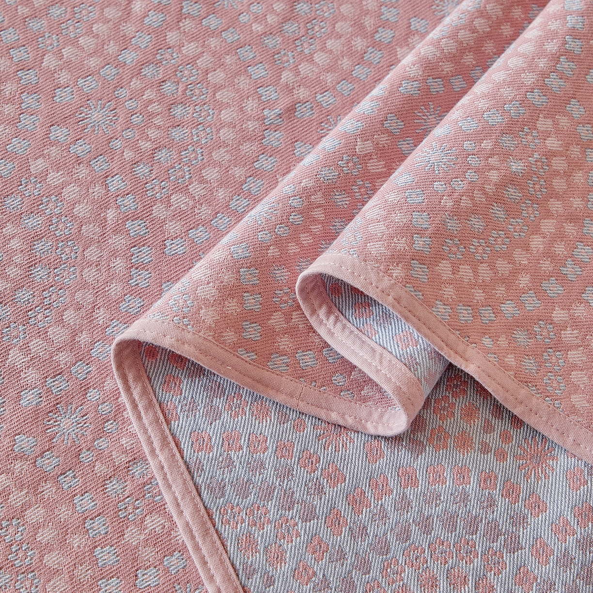 91家纺网 家纺一手货源 找家纺 孑寐家纺 2026新款100%纯棉色织双面大提花老粗布凉席三件套 彩虹太阳花-粉色