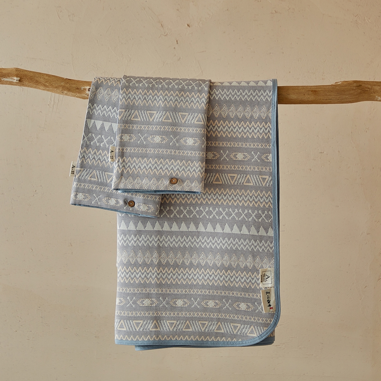 孑寐家纺 2026新款100%纯棉色织双面大提花老粗布凉席三件套 几何波纹-蓝灰