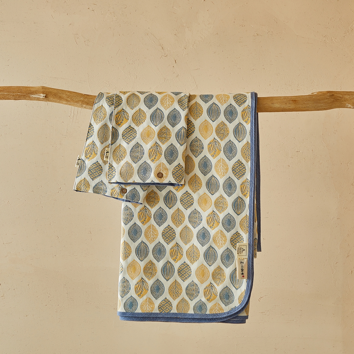 孑寐家纺 2026新款100%纯棉色织双面大提花老粗布凉席三件套 金栗叶影-蓝色