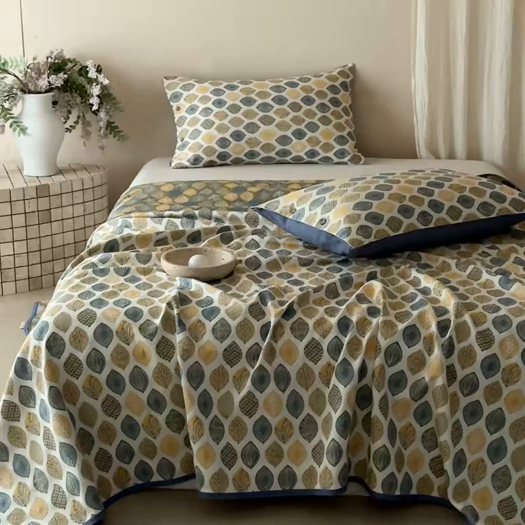 91家纺网 家纺一手货源 找家纺 孑寐家纺 2026新款100%纯棉色织双面大提花老粗布凉席三件套 金栗叶影-蓝色