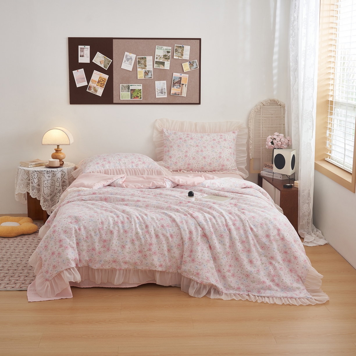 91家纺网 家纺一手货源 找家纺 晨曦家纺 2026新款皱雾纱水洗夏凉被夏被四件套少女ins风韩版 奶油花篱