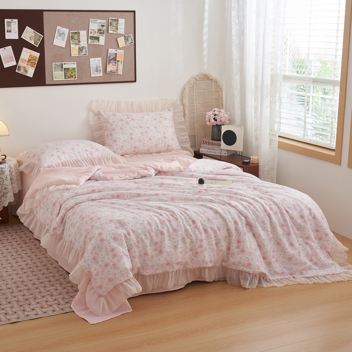 91家纺网 家纺一手货源 找家纺 晨曦家纺 2026新款皱雾纱水洗夏凉被夏被四件套少女ins风韩版 奶油花篱