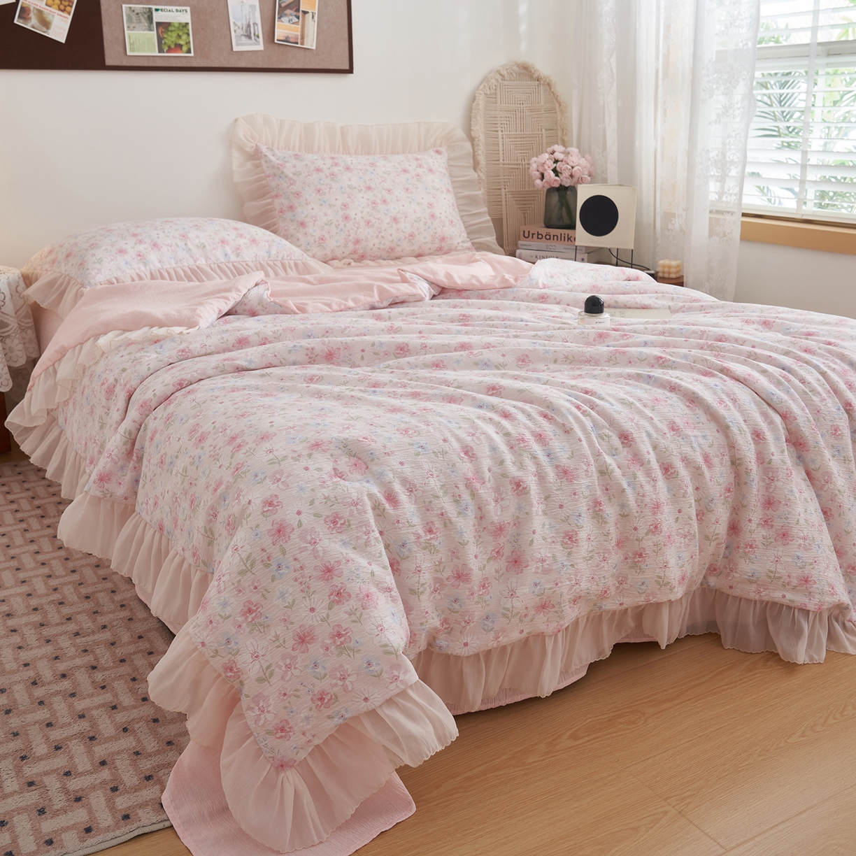 91家纺网 家纺一手货源 找家纺 晨曦家纺 2026新款皱雾纱水洗夏凉被夏被四件套少女ins风韩版 奶油花篱