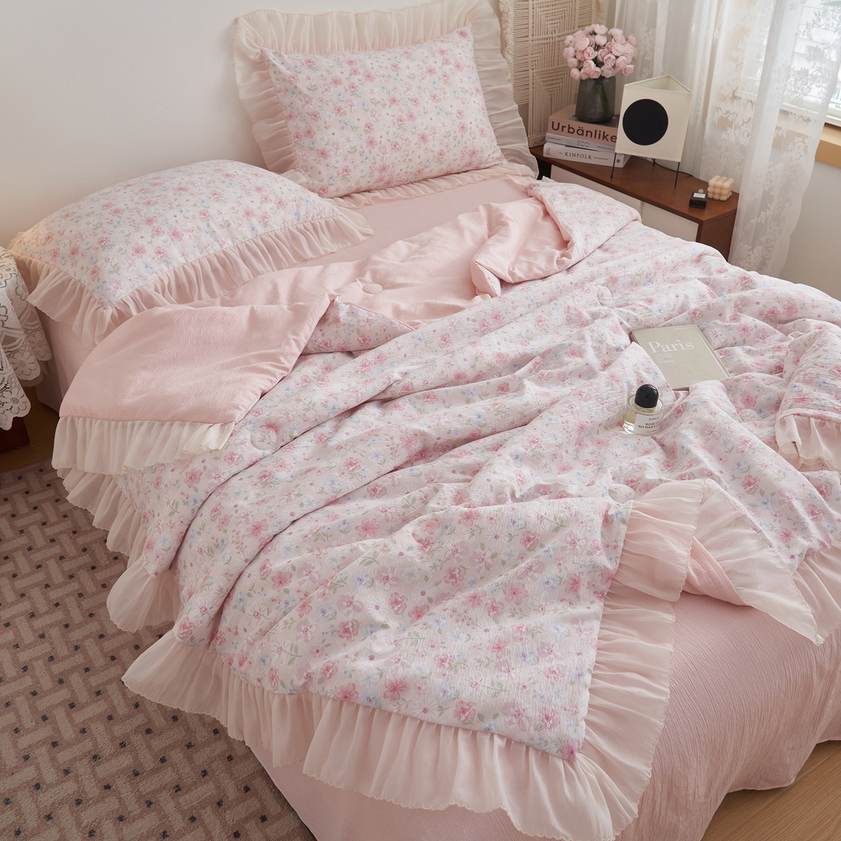 91家纺网 家纺一手货源 找家纺 晨曦家纺 2026新款皱雾纱水洗夏凉被夏被四件套少女ins风韩版 奶油花篱