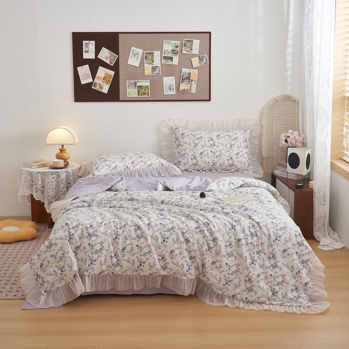 91家纺网 家纺一手货源 找家纺 晨曦家纺 2026新款皱雾纱水洗夏凉被夏被四件套少女ins风韩版 蓝花的信