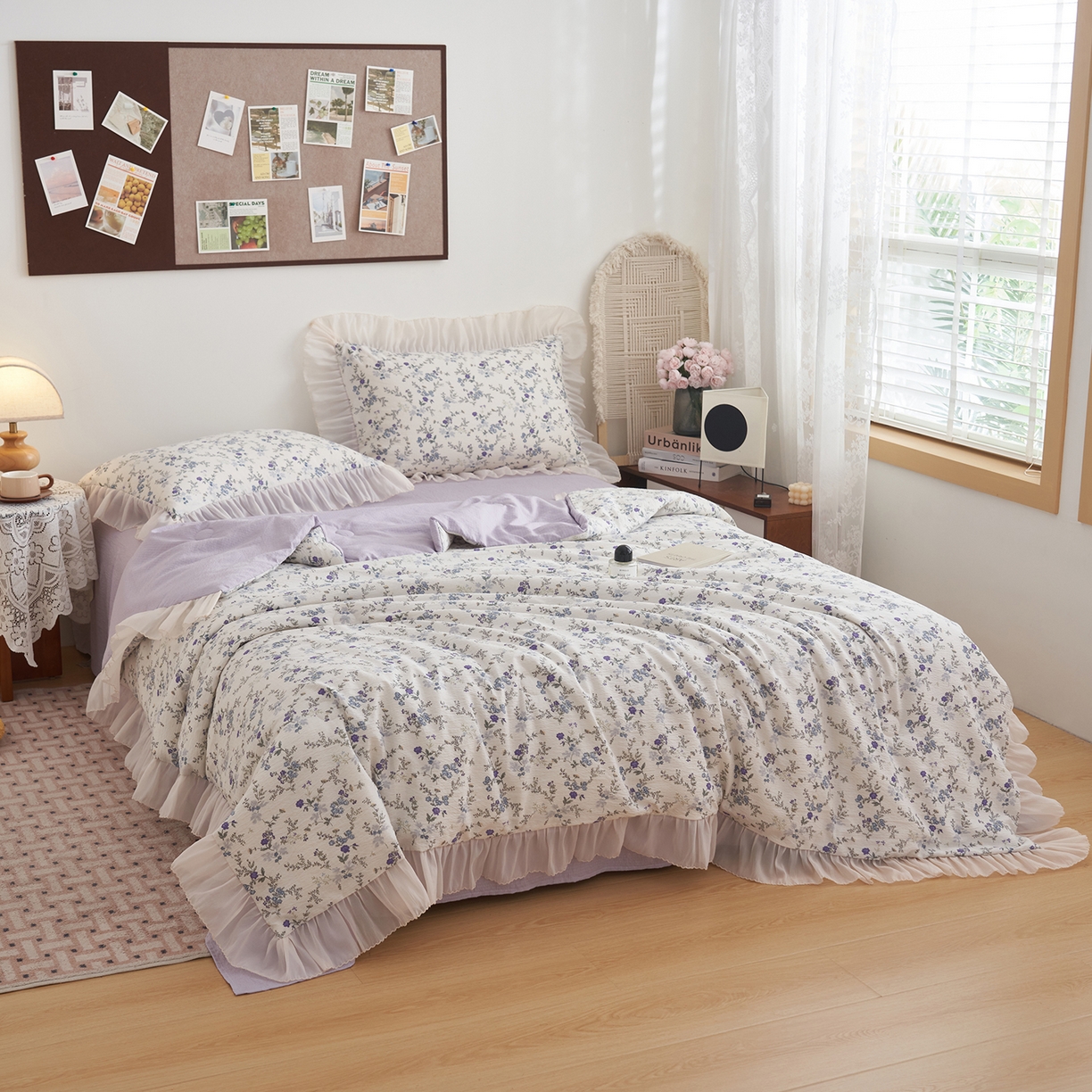 91家纺网 家纺一手货源 找家纺 晨曦家纺 2026新款皱雾纱水洗夏凉被夏被四件套少女ins风韩版 蓝花的信