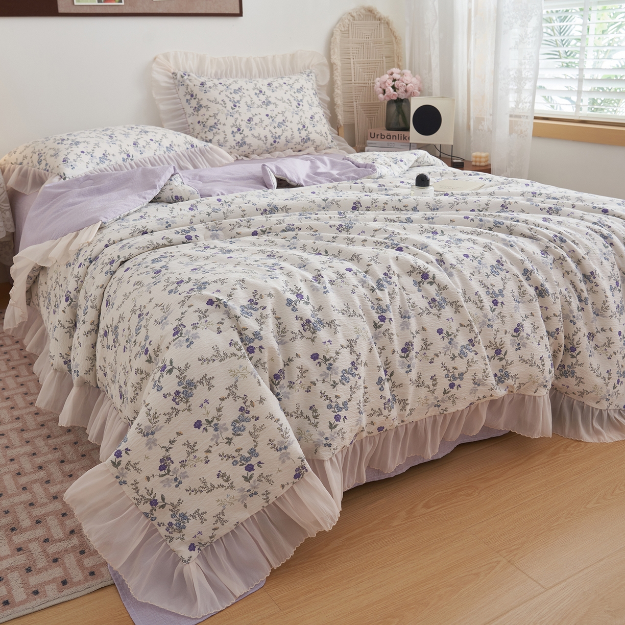 91家纺网 家纺一手货源 找家纺 晨曦家纺 2026新款皱雾纱水洗夏凉被夏被四件套少女ins风韩版 蓝花的信