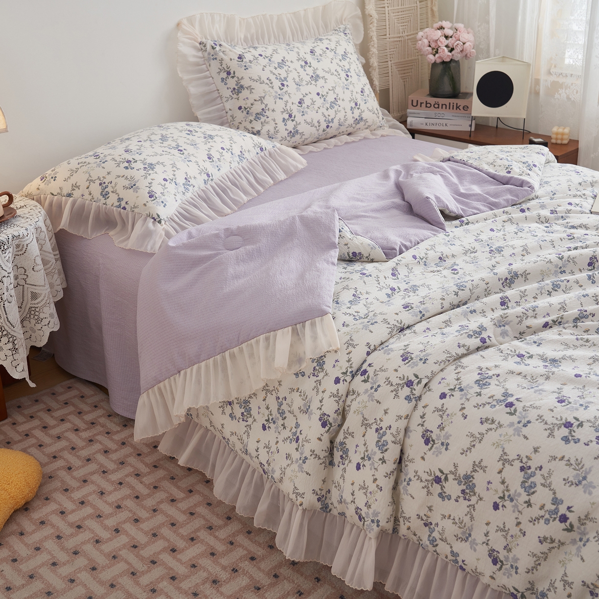 91家纺网 家纺一手货源 找家纺 晨曦家纺 2026新款皱雾纱水洗夏凉被夏被四件套少女ins风韩版 蓝花的信