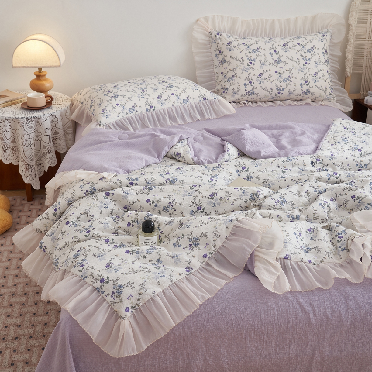 91家纺网 家纺一手货源 找家纺 晨曦家纺 2026新款皱雾纱水洗夏凉被夏被四件套少女ins风韩版 蓝花的信