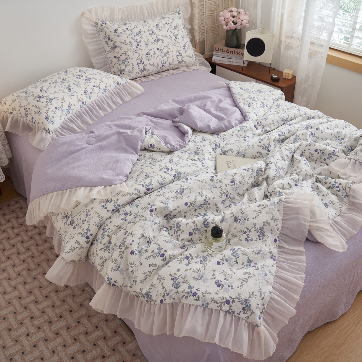 91家纺网 家纺一手货源 找家纺 晨曦家纺 2026新款皱雾纱水洗夏凉被夏被四件套少女ins风韩版 蓝花的信