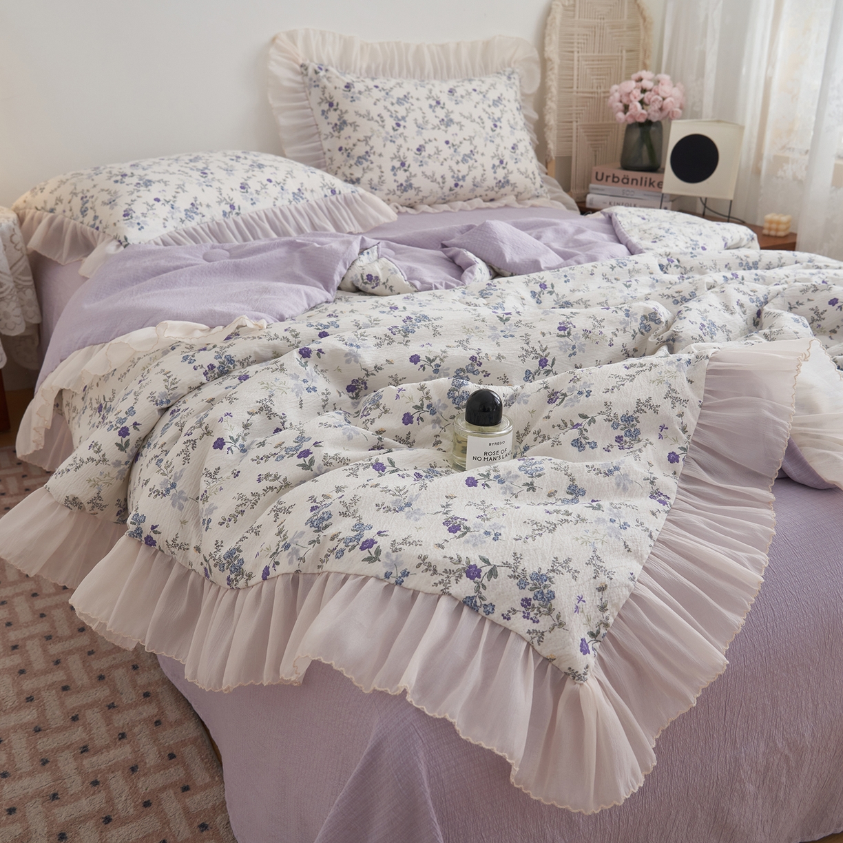 91家纺网 家纺一手货源 找家纺 晨曦家纺 2026新款皱雾纱水洗夏凉被夏被四件套少女ins风韩版 蓝花的信