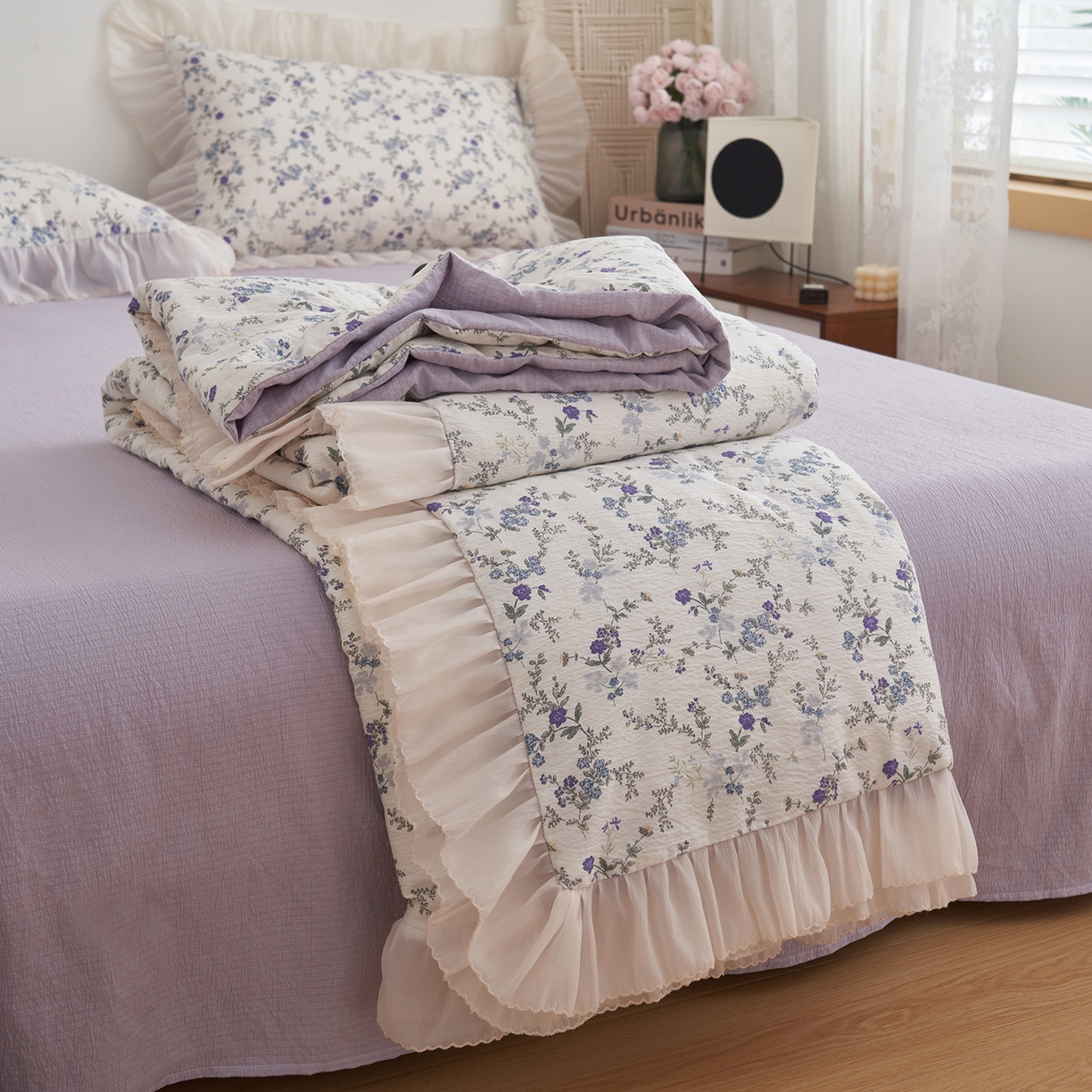 91家纺网 家纺一手货源 找家纺 晨曦家纺 2026新款皱雾纱水洗夏凉被夏被四件套少女ins风韩版 蓝花的信