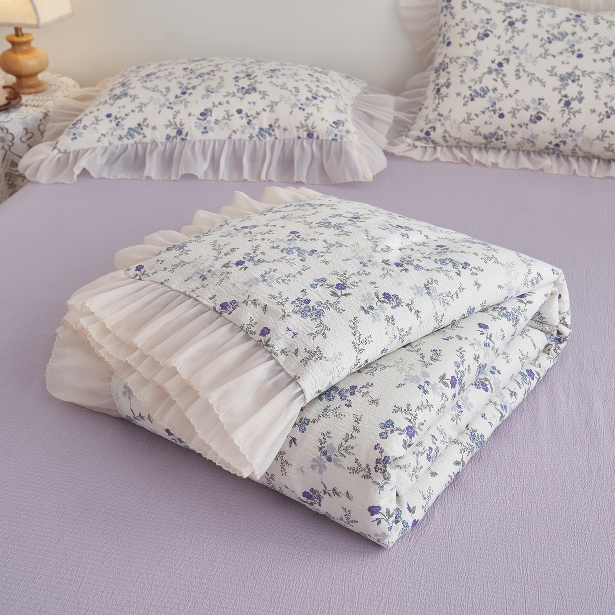 91家纺网 家纺一手货源 找家纺 晨曦家纺 2026新款皱雾纱水洗夏凉被夏被四件套少女ins风韩版 蓝花的信