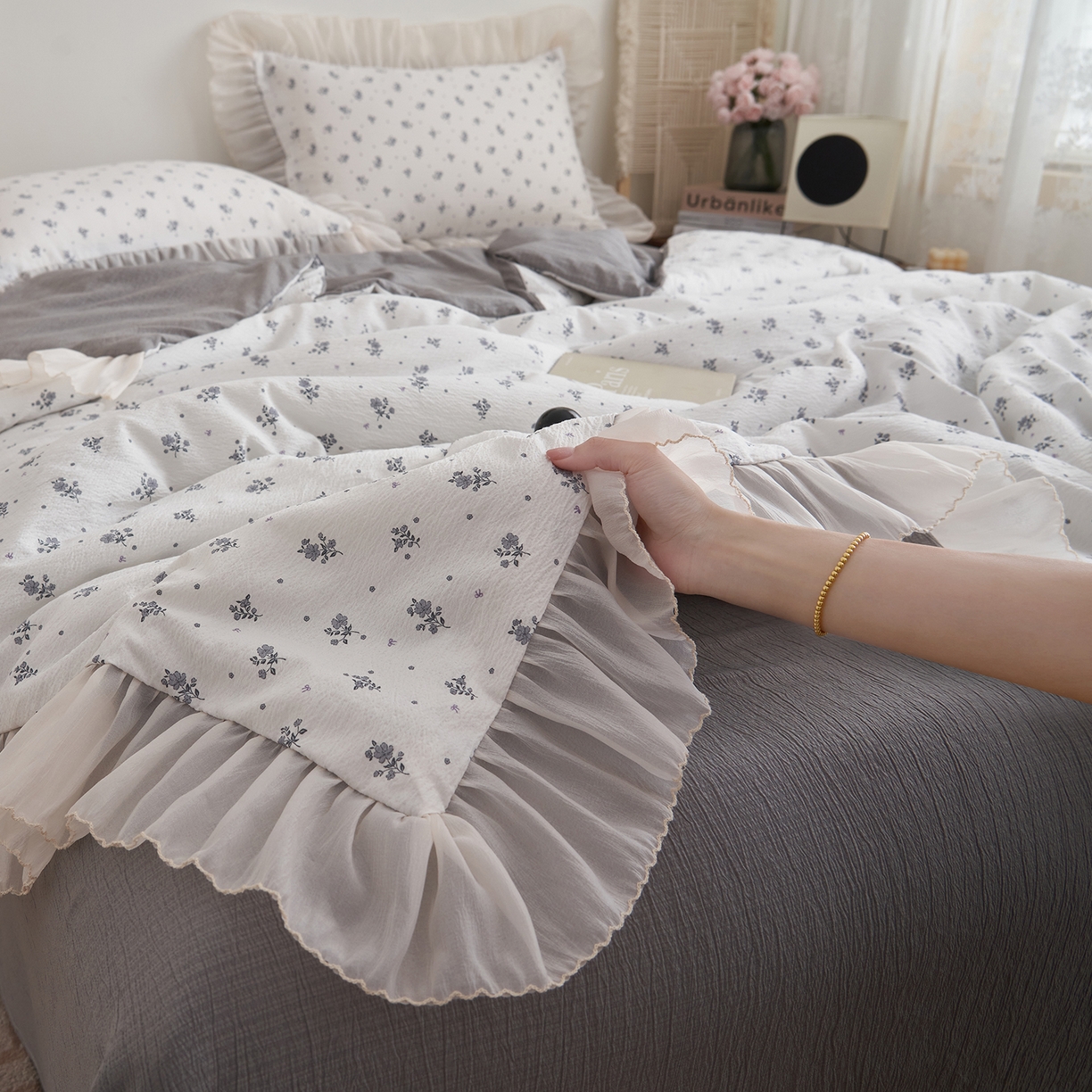 晨曦家纺 2026新款皱雾纱水洗夏凉被夏被四件套少女ins风韩版 松烟星子