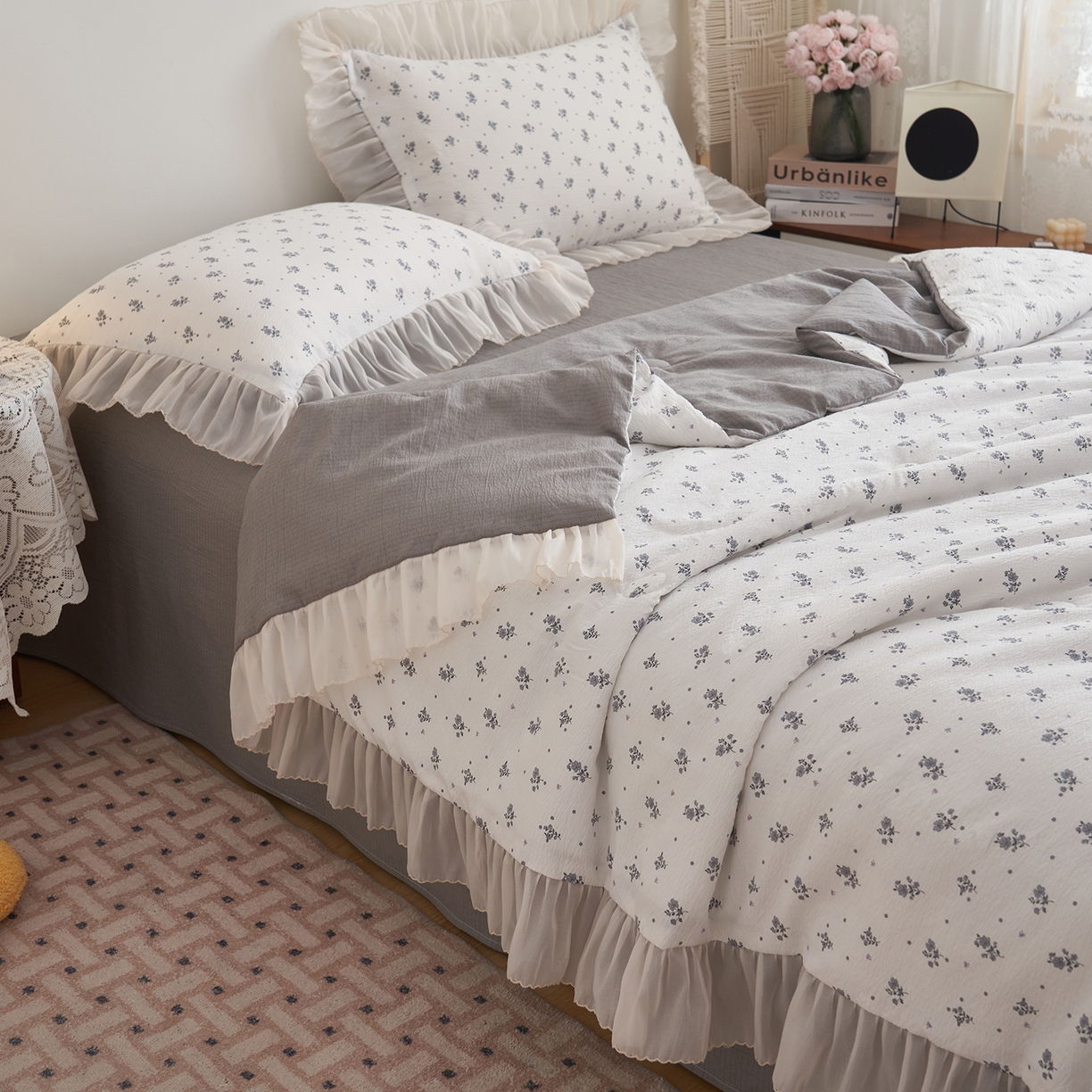 91家纺网 家纺一手货源 找家纺 晨曦家纺 2026新款皱雾纱水洗夏凉被夏被四件套少女ins风韩版 松烟星子