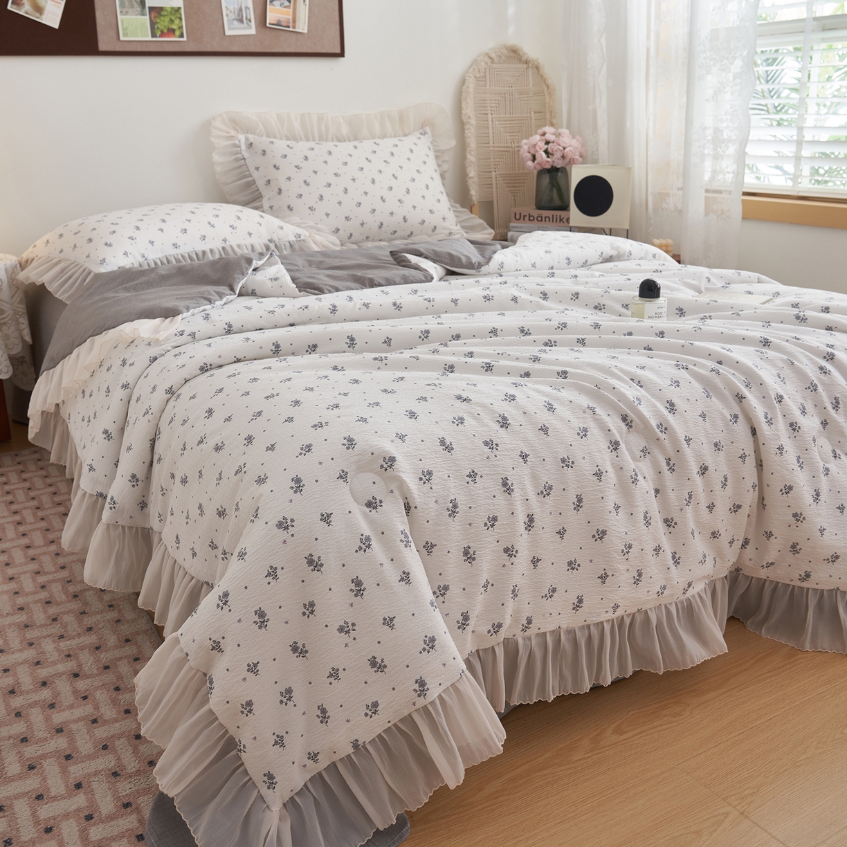 91家纺网 家纺一手货源 找家纺 晨曦家纺 2026新款皱雾纱水洗夏凉被夏被四件套少女ins风韩版 松烟星子