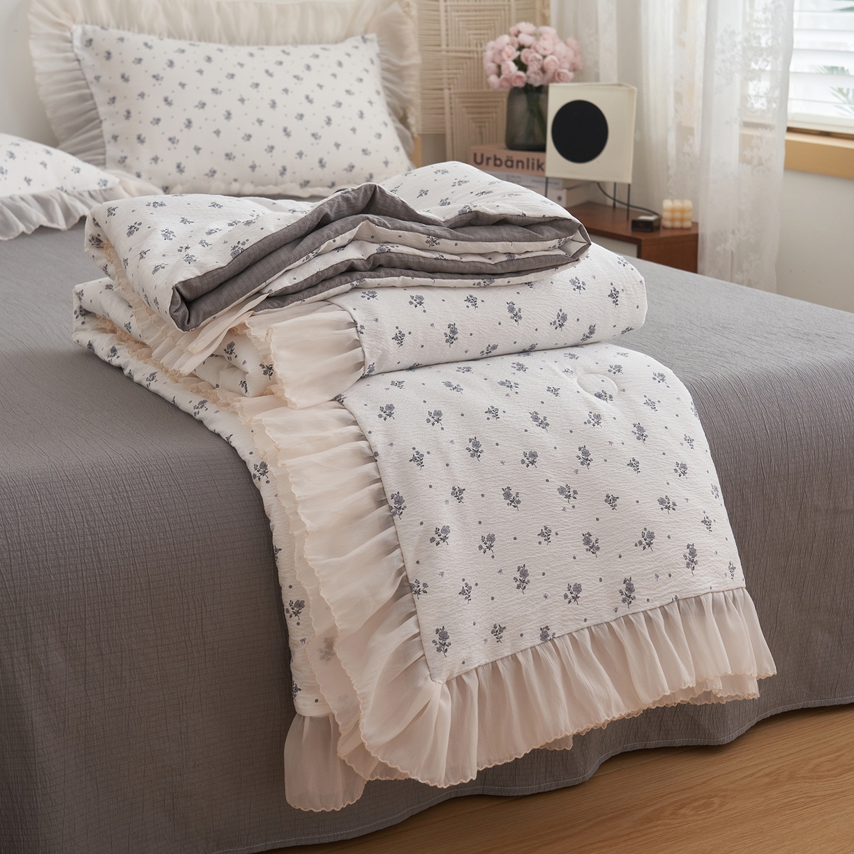 91家纺网 家纺一手货源 找家纺 晨曦家纺 2026新款皱雾纱水洗夏凉被夏被四件套少女ins风韩版 松烟星子