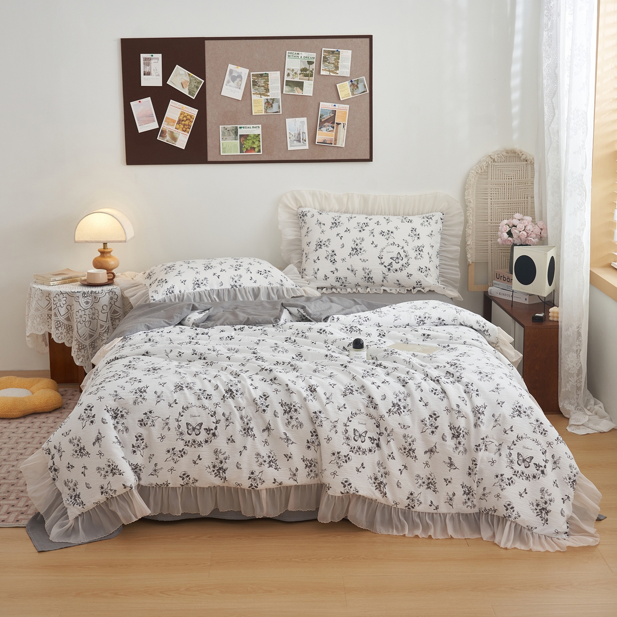 91家纺网 家纺一手货源 找家纺 晨曦家纺 2026新款皱雾纱水洗夏凉被夏被四件套少女ins风韩版 素墨蝶语