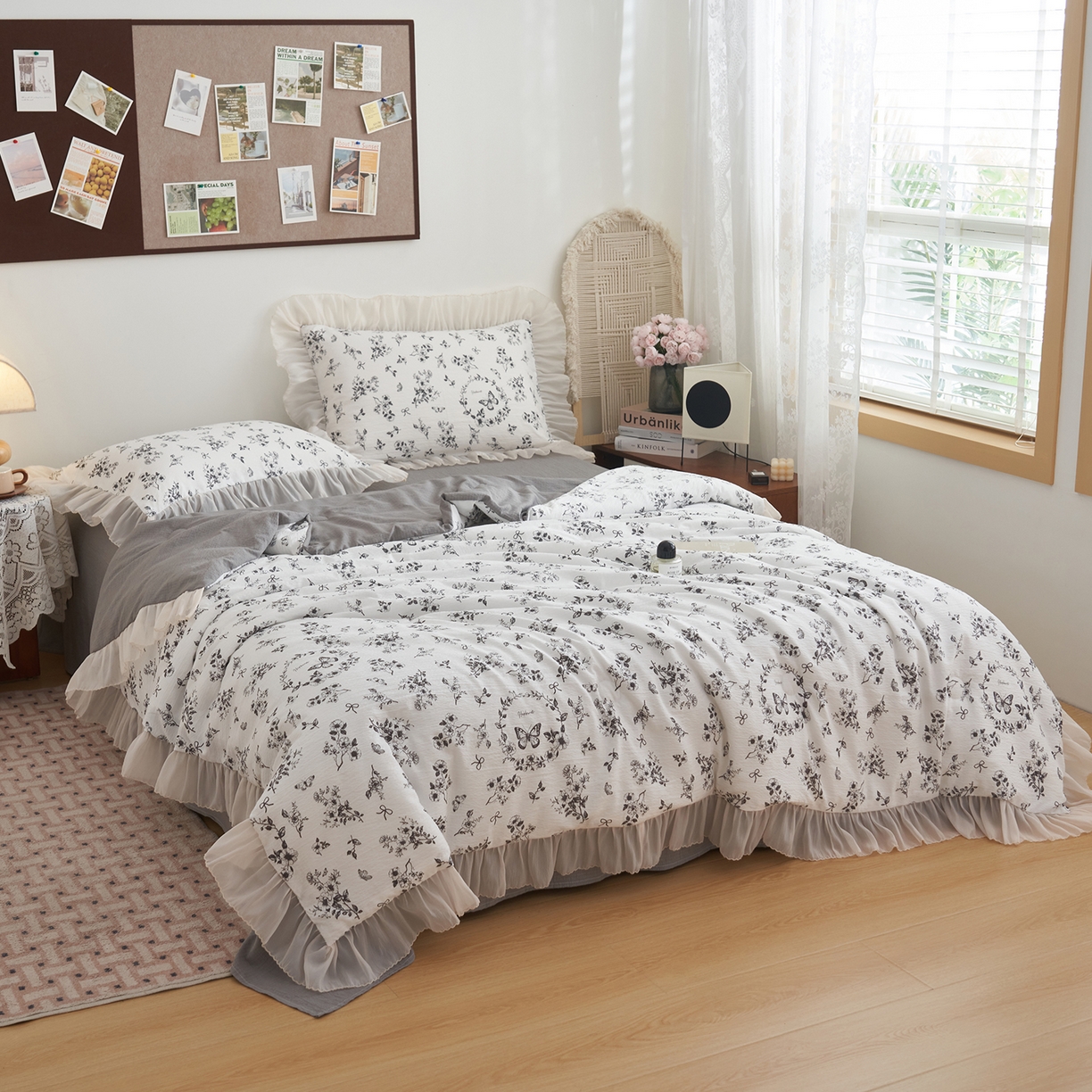 91家纺网 家纺一手货源 找家纺 晨曦家纺 2026新款皱雾纱水洗夏凉被夏被四件套少女ins风韩版 素墨蝶语