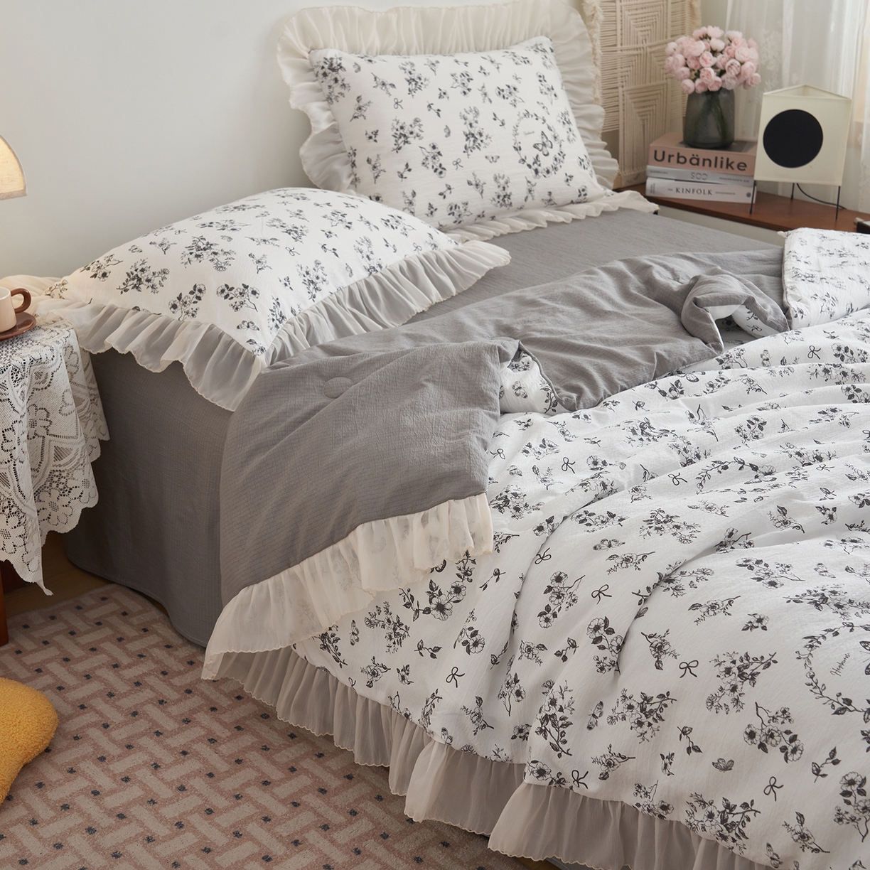 91家纺网 家纺一手货源 找家纺 晨曦家纺 2026新款皱雾纱水洗夏凉被夏被四件套少女ins风韩版 素墨蝶语