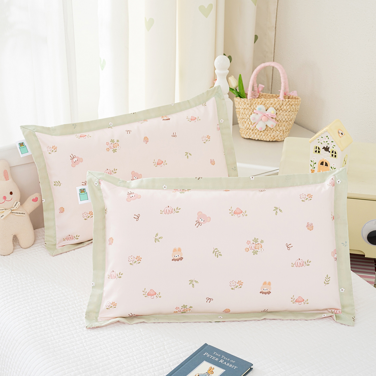 良佐生活 2026新款A类60支全棉贡缎长绒棉拼角枕套 兔熊宝贝