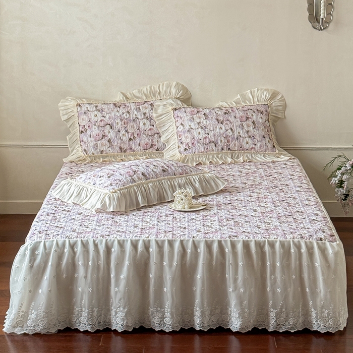 91家纺网 家纺一手货源 找家纺 花香四季家纺 2026新款全棉双层纱床裙三件套 海棠花开-紫