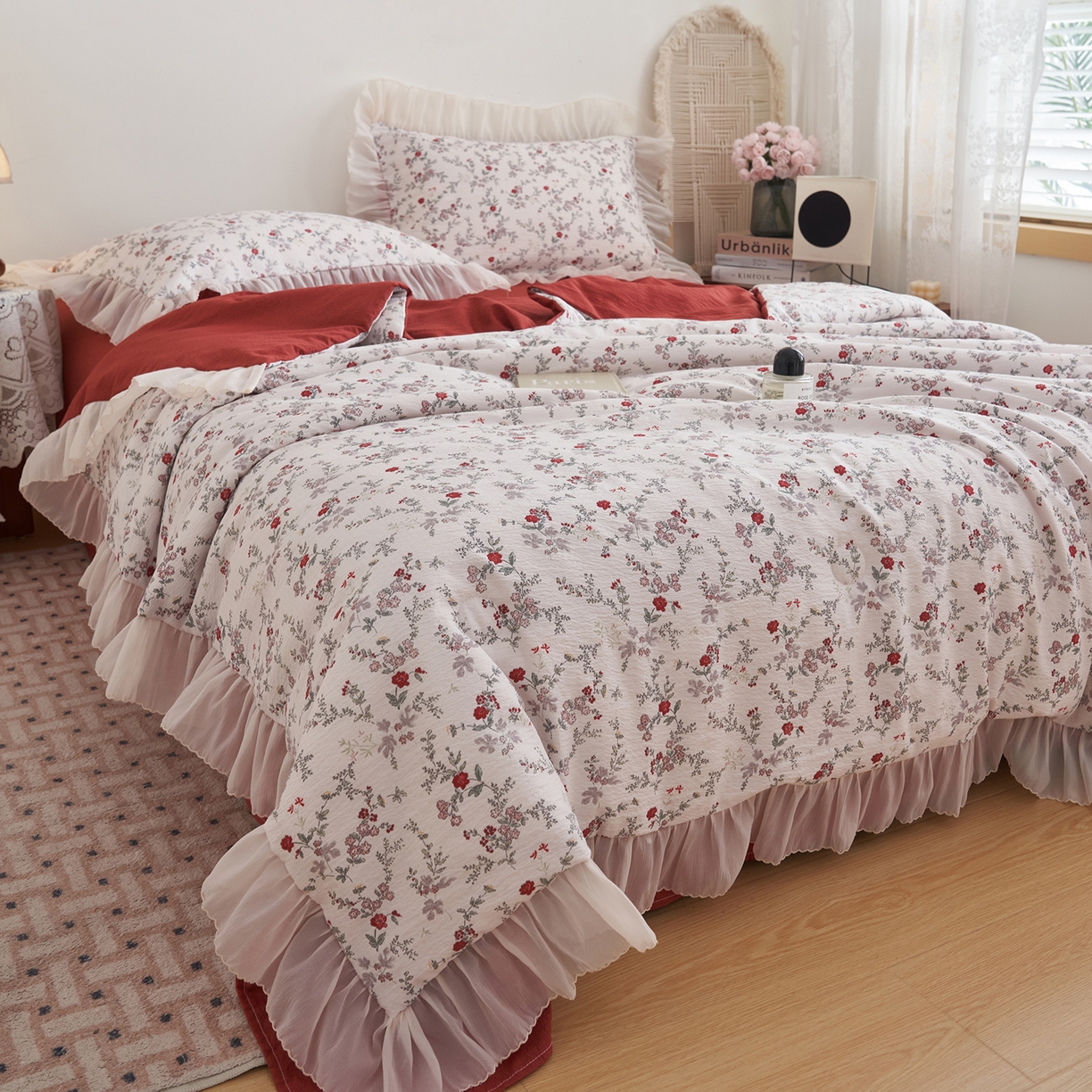 91家纺网 家纺一手货源 找家纺 晨曦家纺 2026新款皱雾纱水洗夏凉被夏被四件套少女ins风韩版 雾里蔷薇