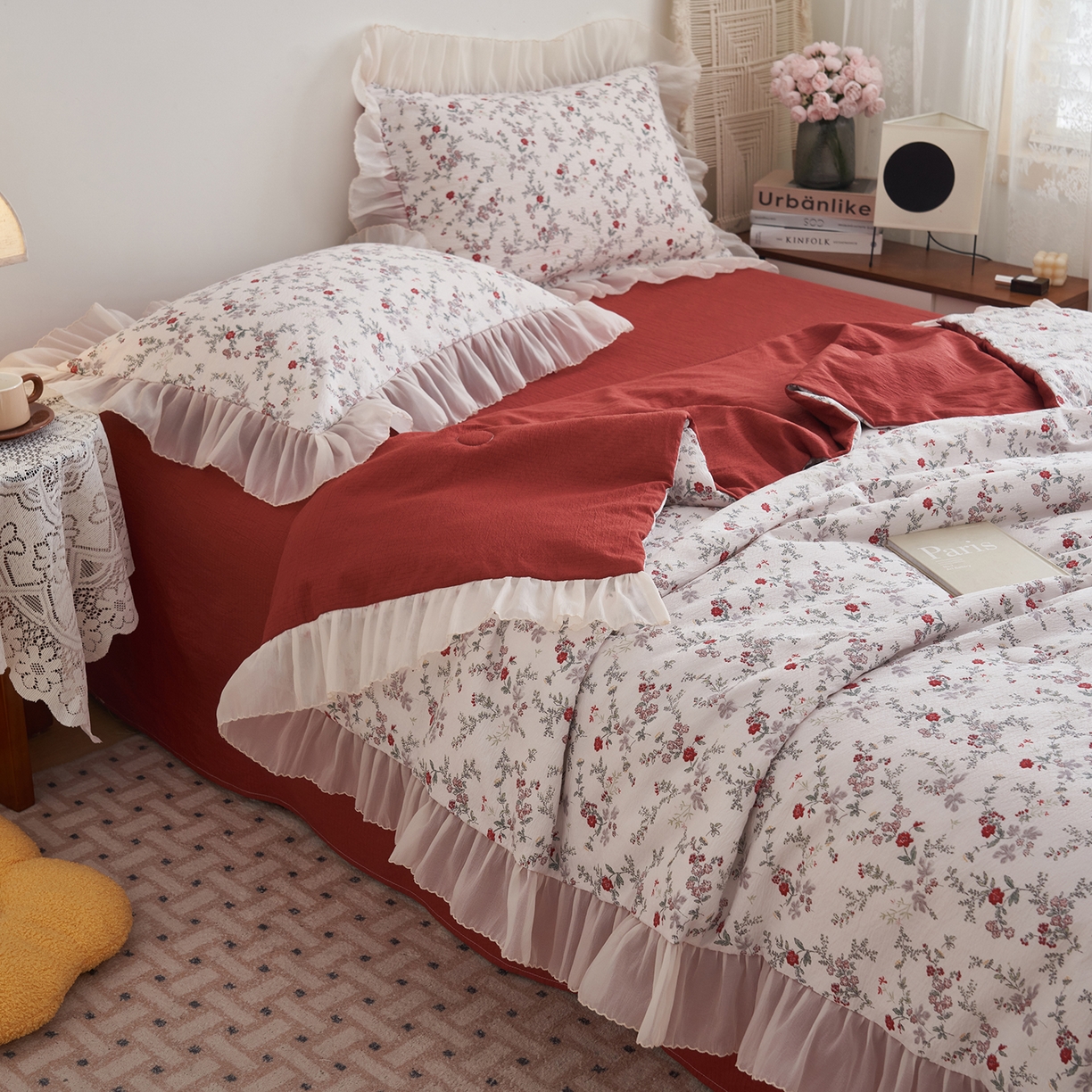 91家纺网 家纺一手货源 找家纺 晨曦家纺 2026新款皱雾纱水洗夏凉被夏被四件套少女ins风韩版 雾里蔷薇