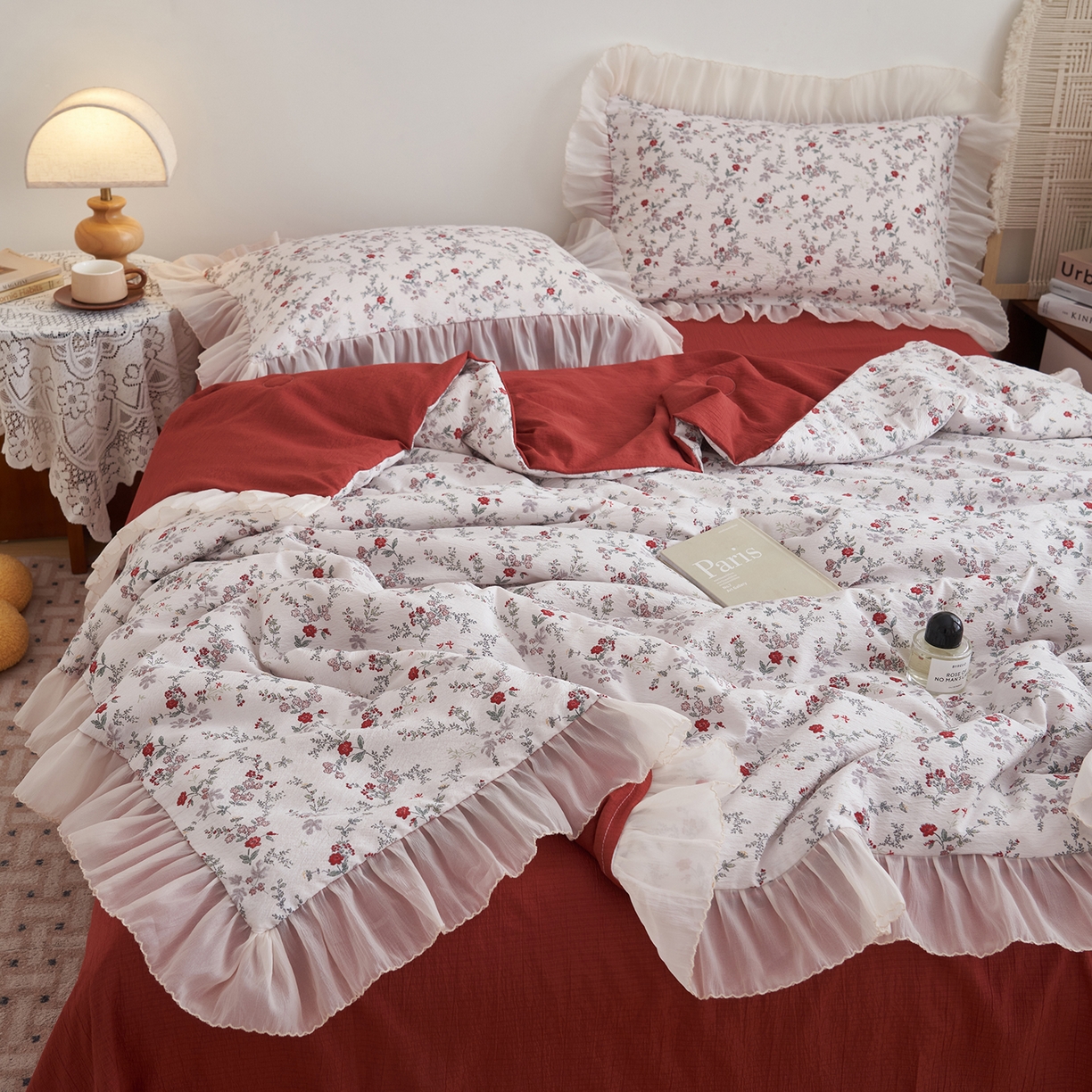 91家纺网 家纺一手货源 找家纺 晨曦家纺 2026新款皱雾纱水洗夏凉被夏被四件套少女ins风韩版 雾里蔷薇