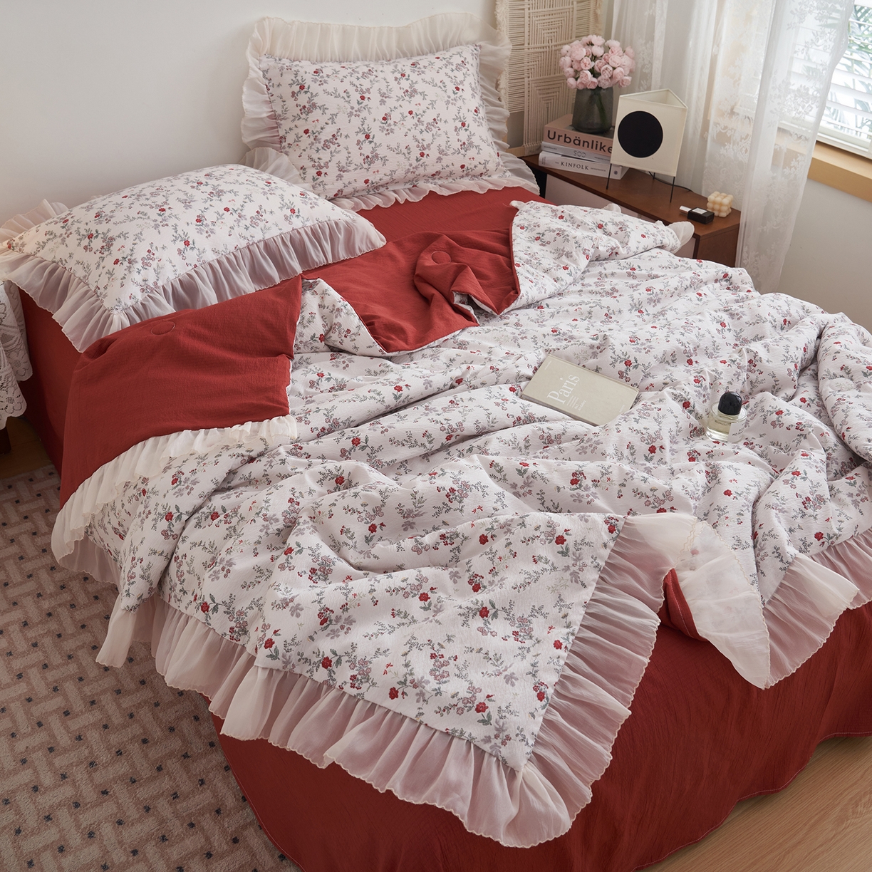 91家纺网 家纺一手货源 找家纺 晨曦家纺 2026新款皱雾纱水洗夏凉被夏被四件套少女ins风韩版 雾里蔷薇