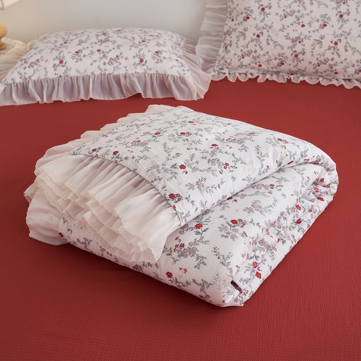 91家纺网 家纺一手货源 找家纺 晨曦家纺 2026新款皱雾纱水洗夏凉被夏被四件套少女ins风韩版 雾里蔷薇