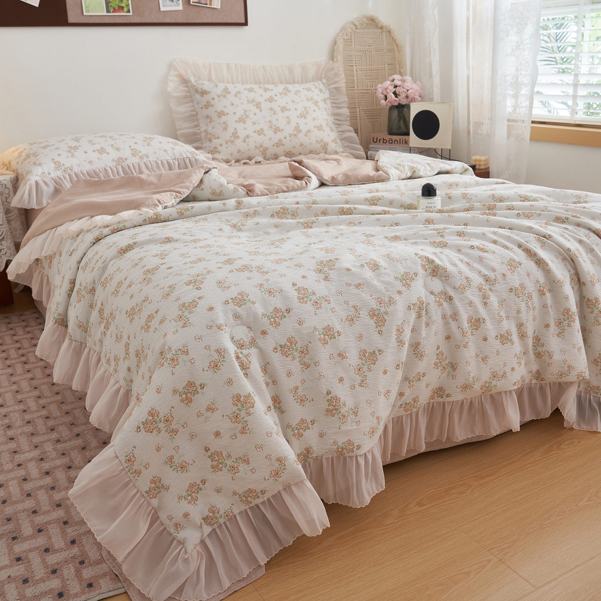 91家纺网 家纺一手货源 找家纺 晨曦家纺 2026新款皱雾纱水洗夏凉被夏被四件套少女ins风韩版 云间花信