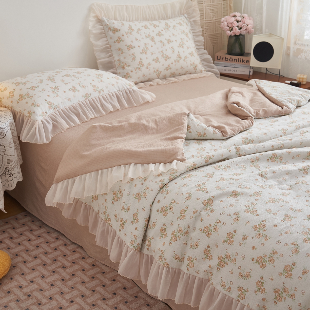 91家纺网 家纺一手货源 找家纺 晨曦家纺 2026新款皱雾纱水洗夏凉被夏被四件套少女ins风韩版 云间花信