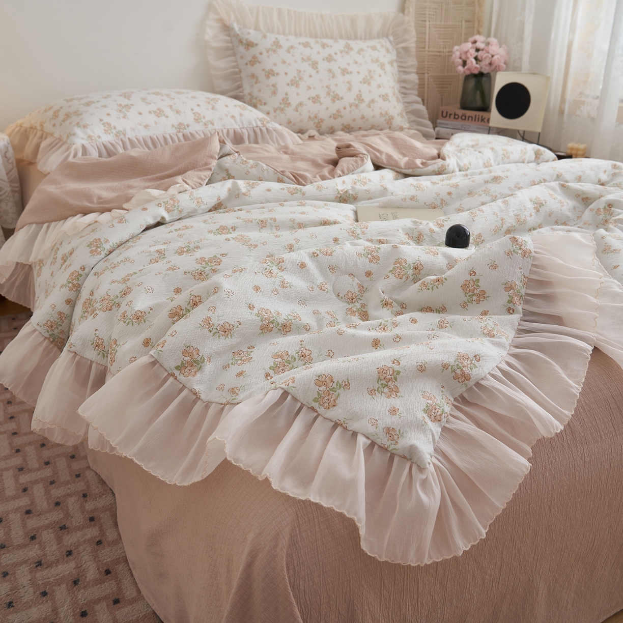 91家纺网 家纺一手货源 找家纺 晨曦家纺 2026新款皱雾纱水洗夏凉被夏被四件套少女ins风韩版 云间花信