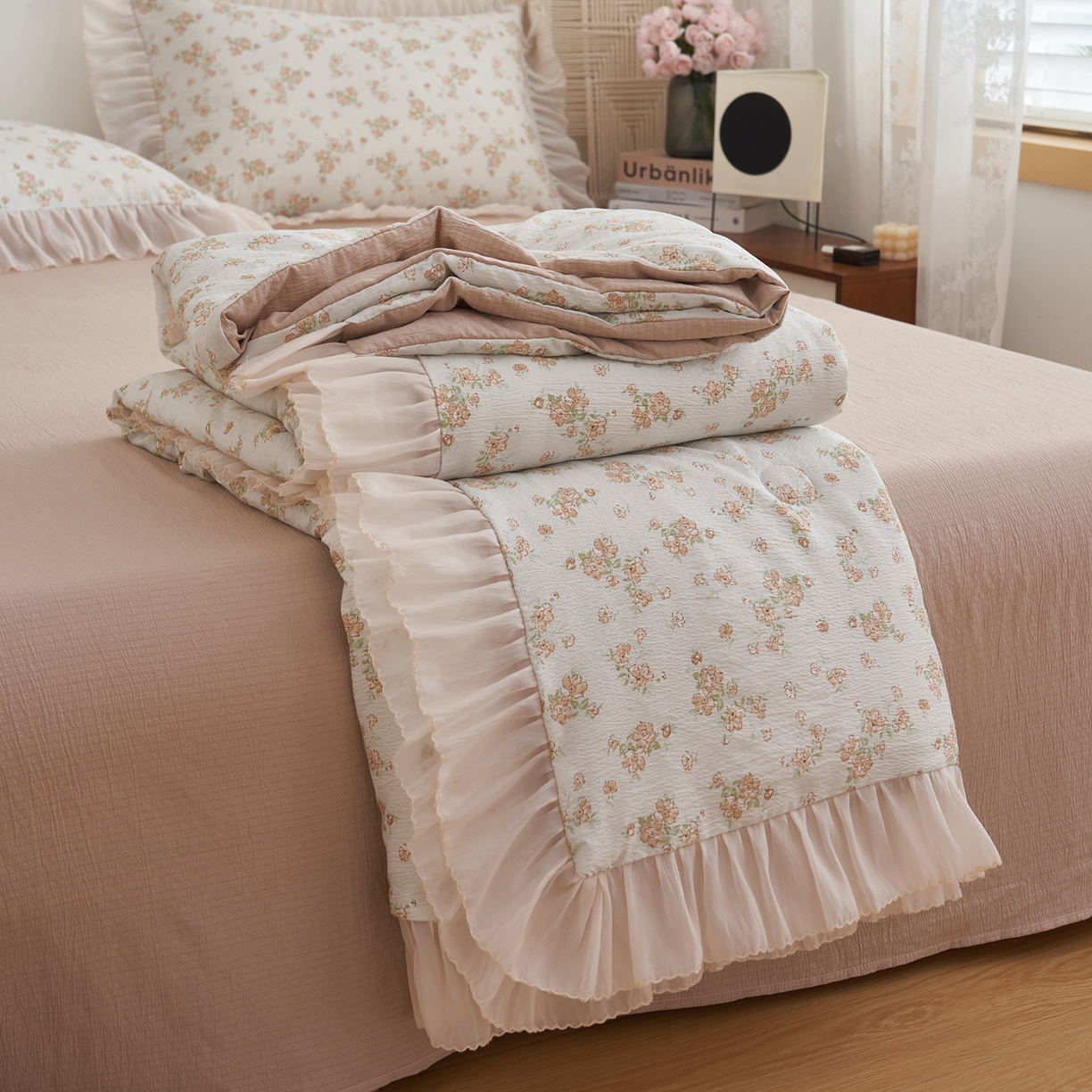 91家纺网 家纺一手货源 找家纺 晨曦家纺 2026新款皱雾纱水洗夏凉被夏被四件套少女ins风韩版 云间花信