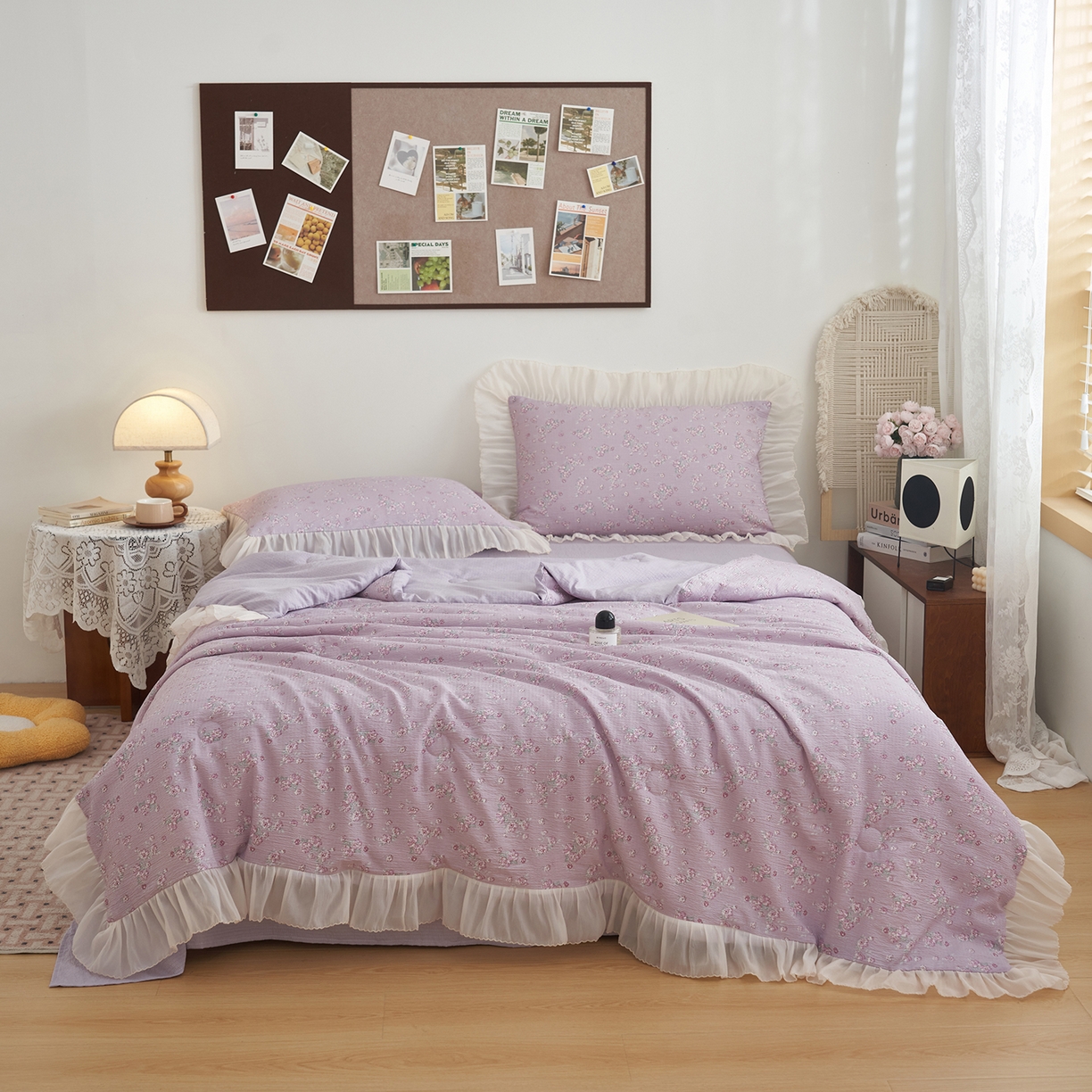 91家纺网 家纺一手货源 找家纺 晨曦家纺 2026新款皱雾纱水洗夏凉被夏被四件套少女ins风韩版 雾紫花信