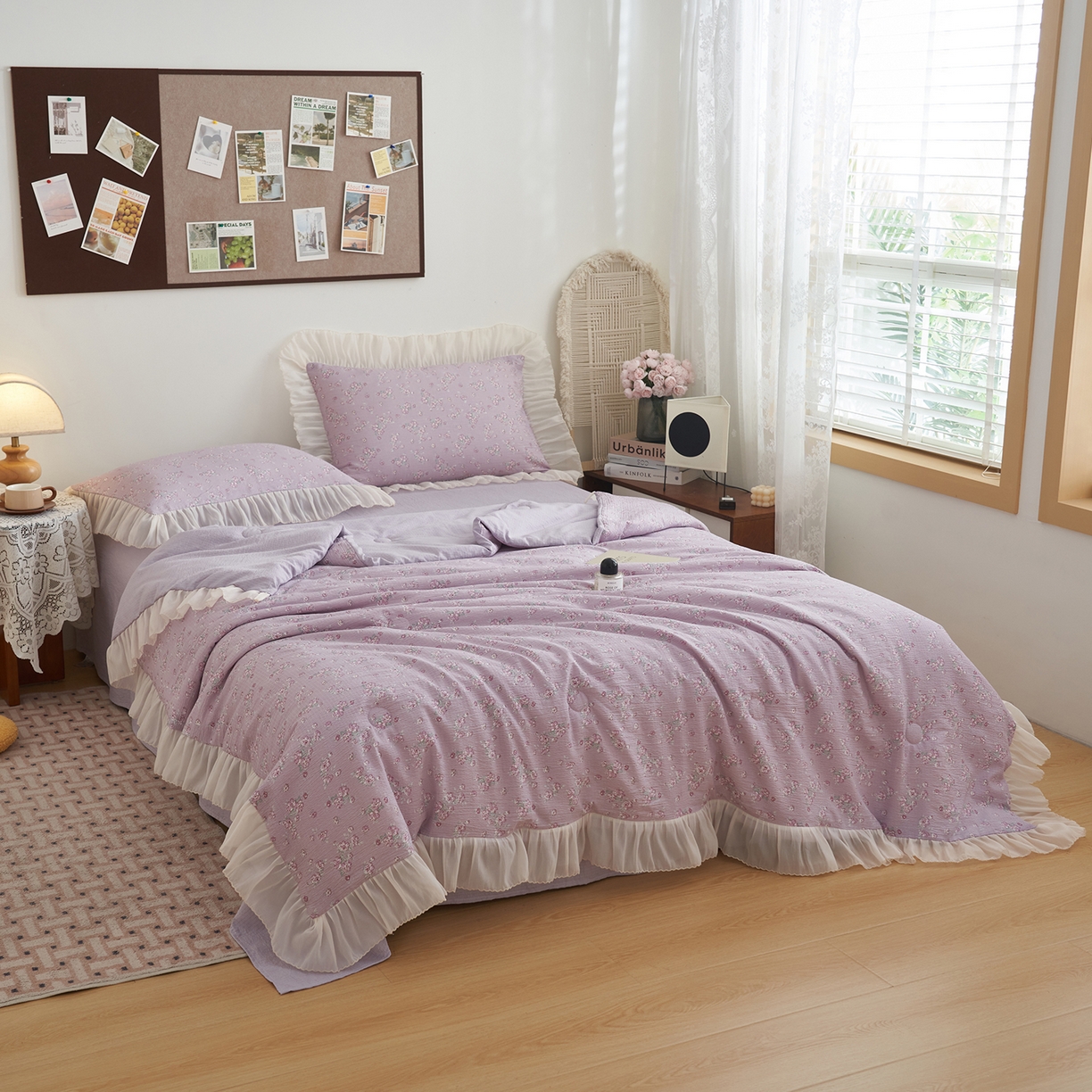 91家纺网 家纺一手货源 找家纺 晨曦家纺 2026新款皱雾纱水洗夏凉被夏被四件套少女ins风韩版 雾紫花信