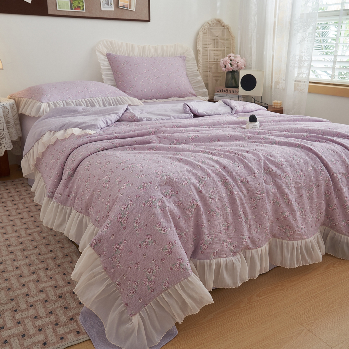 91家纺网 家纺一手货源 找家纺 晨曦家纺 2026新款皱雾纱水洗夏凉被夏被四件套少女ins风韩版 雾紫花信