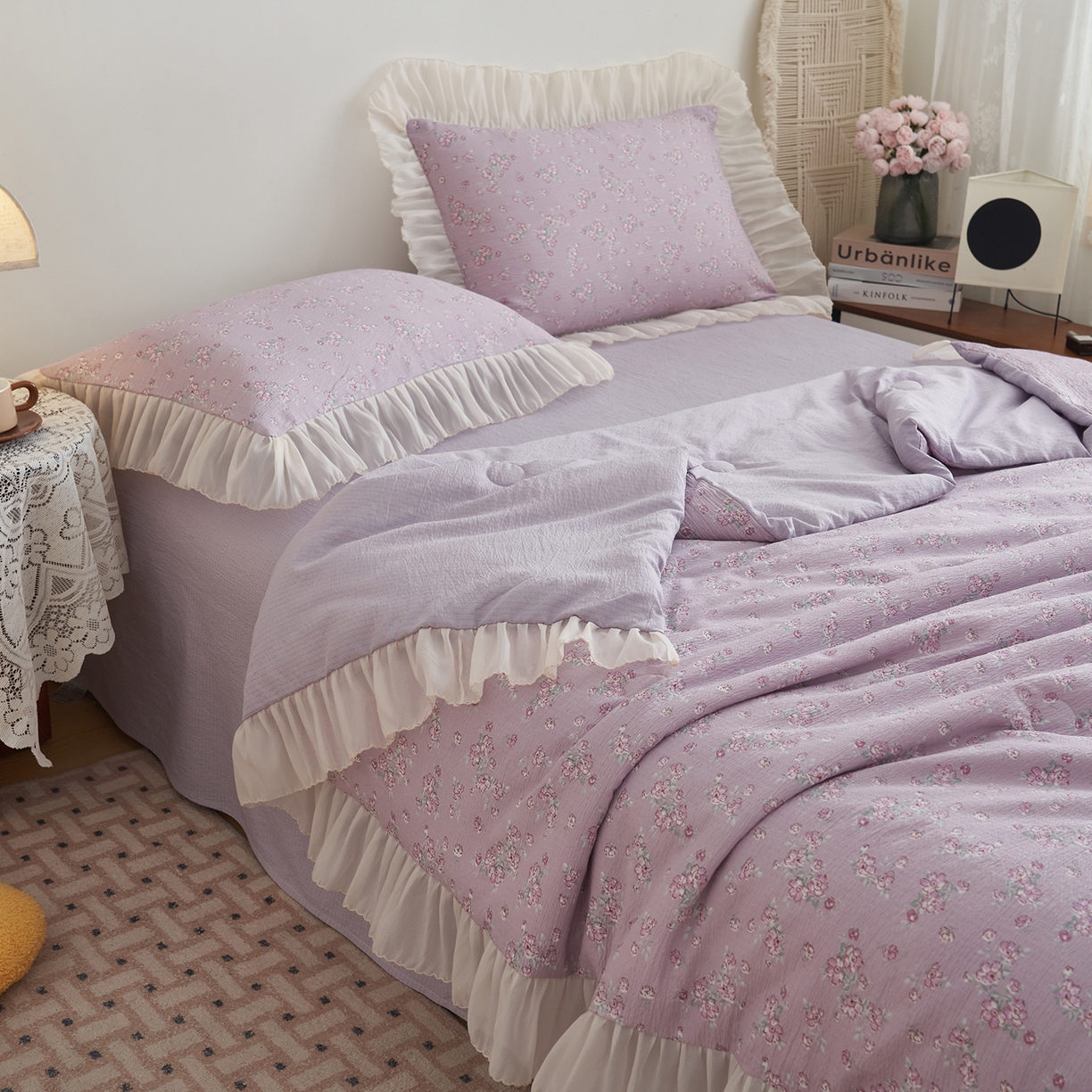 91家纺网 家纺一手货源 找家纺 晨曦家纺 2026新款皱雾纱水洗夏凉被夏被四件套少女ins风韩版 雾紫花信