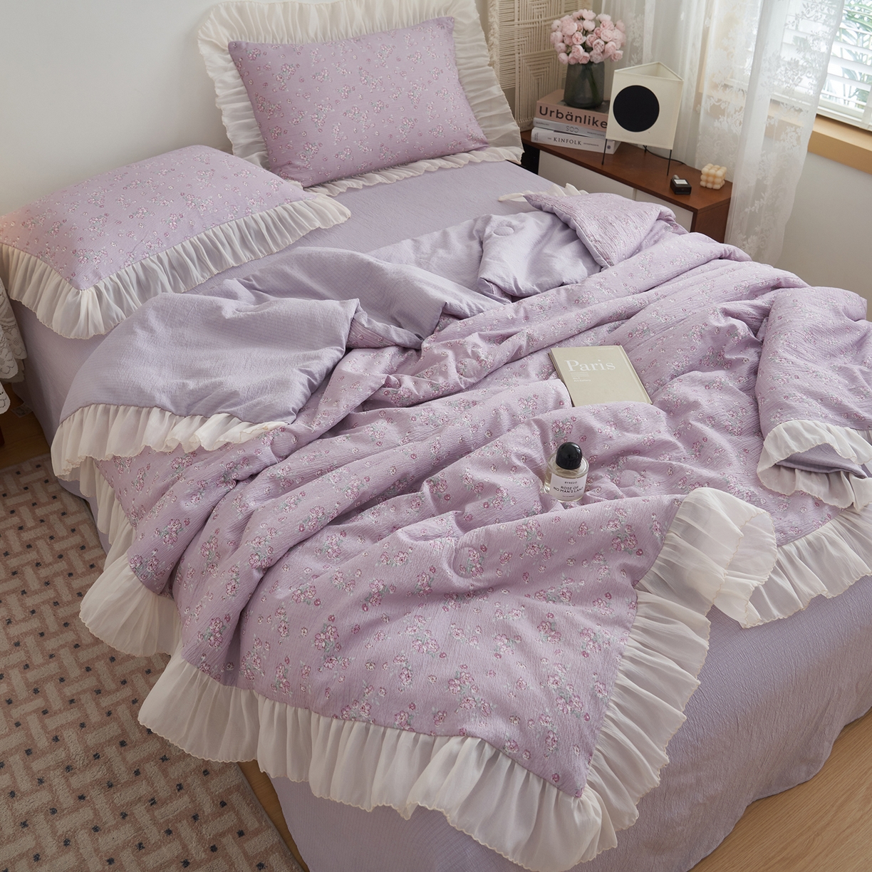 91家纺网 家纺一手货源 找家纺 晨曦家纺 2026新款皱雾纱水洗夏凉被夏被四件套少女ins风韩版 雾紫花信