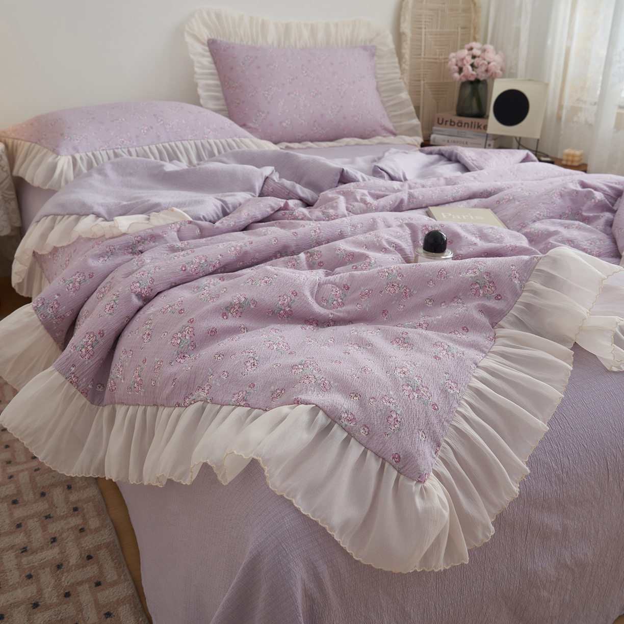 91家纺网 家纺一手货源 找家纺 晨曦家纺 2026新款皱雾纱水洗夏凉被夏被四件套少女ins风韩版 雾紫花信