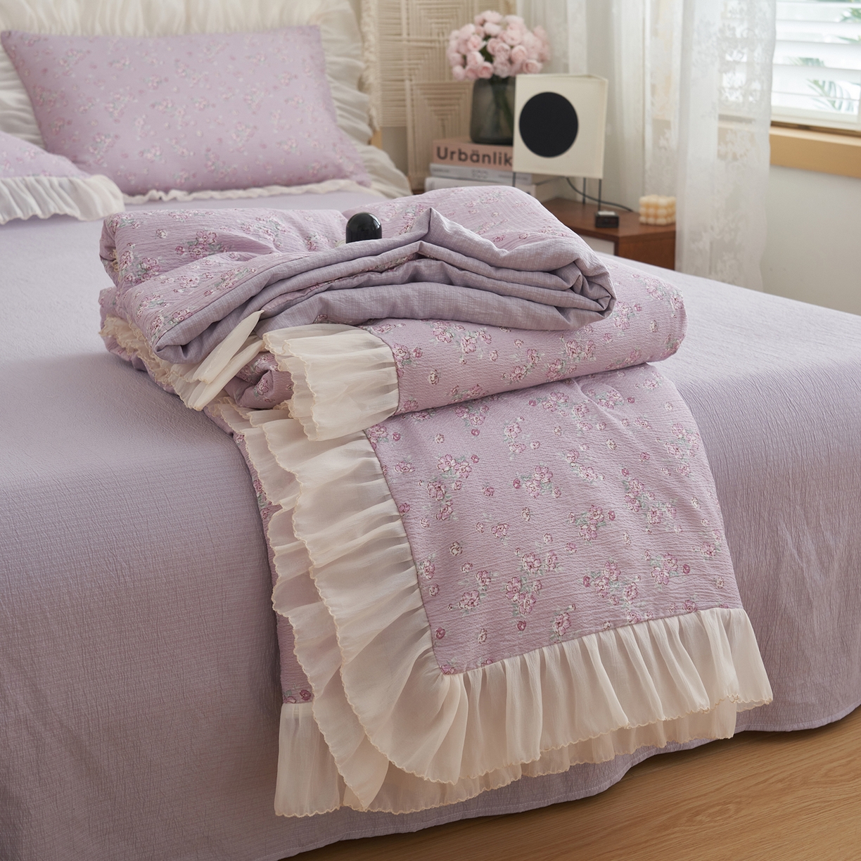 91家纺网 家纺一手货源 找家纺 晨曦家纺 2026新款皱雾纱水洗夏凉被夏被四件套少女ins风韩版 雾紫花信