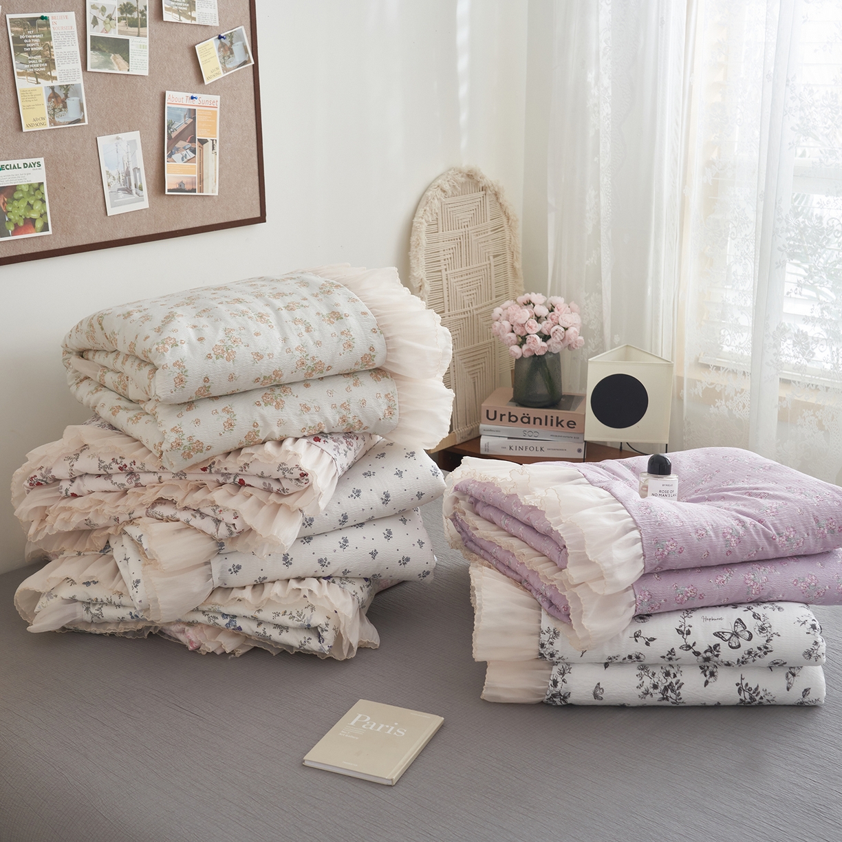 91家纺网 家纺一手货源 找家纺 晨曦家纺 2026新款皱雾纱水洗夏凉被夏被四件套少女ins风韩版 组合图仅展示