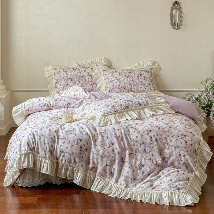 91家纺网 家纺一手货源 找家纺 花香四季家纺 2026新款全棉双层纱数码印花四件套 海棠花开-紫