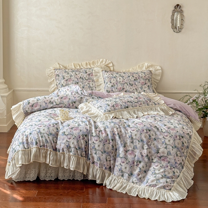 花香四季家纺 2026新款全棉双层纱数码印花四件套 海棠花开-绿