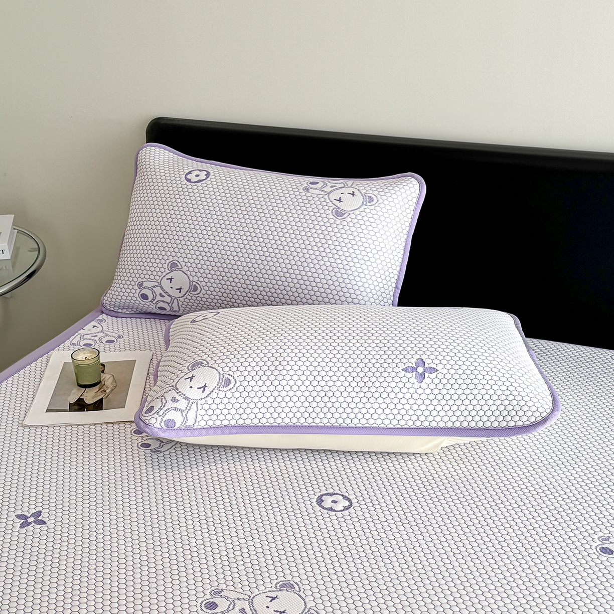 91家纺网 家纺一手货源 找家纺 奇丝雅 2026新款夏季A类卡通冰豆豆冰丝凉席枕套凉感家用可机洗单人学生宿舍48×74cm一只一对 抱抱熊-紫